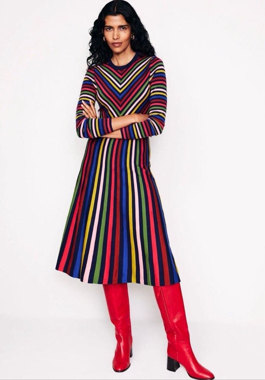 Boden woman’s 0P Maria knitted rainbow stripes long sleeve midi colorful dress